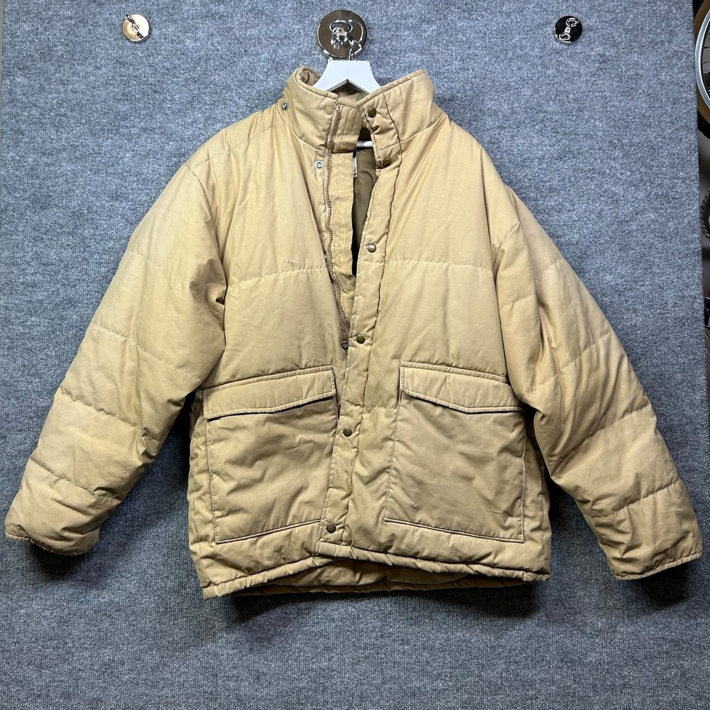 Vintage Comfy Down Puffer Jacket Men's Beige Pockets Winter Outdoor USA Made